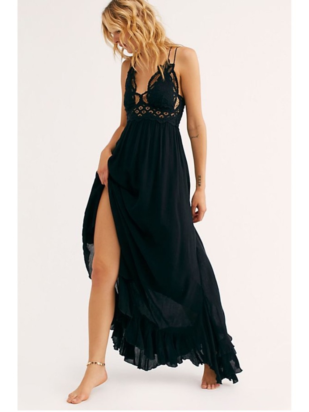 Free People Adella Maxi Slipdress FP One Whimsigoth Romantic Grunge XS Black